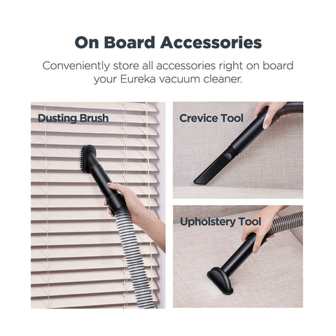 Front collage of Eureka PowerSpeed vacuum on-board accessories: dusting brush, crevice tool, and upholstery tool.