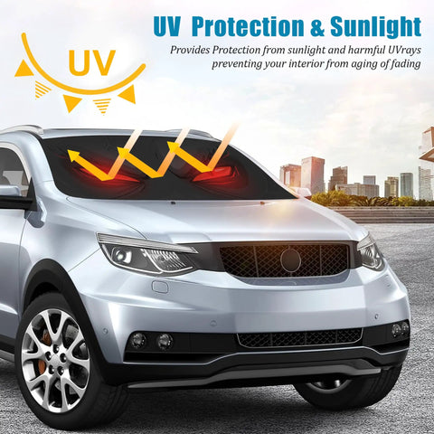 Universal Car Windshield Sun Shade Foldable Front Window Cover Blocks UV Rays and Heat on silver car, urban background.