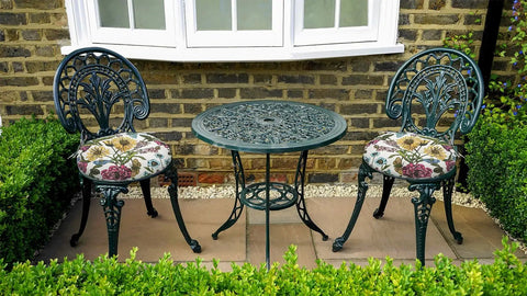 Iron garden set with Round Tufted Chair Cushions Set Of 2 15x15x4 Inches Water Resistant With Ties, Butterfly Flower pattern