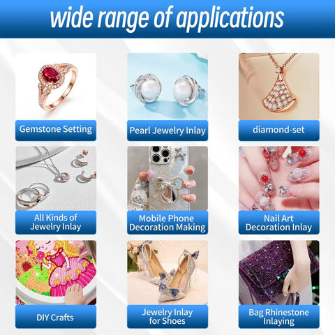 Image showing applications of Go-To Jewelry Glue For Bonding Gemstones, Pearls, Earrings, Rings, Bracelets, Rhinestones And Metals, Waterproof Clear Adhesive For Jewelry Making, Repairs, And Small DIY Projects, 2oz including gemstone setting, pearl inlay, and rhinestone decoration on shoes, bags, and nails.