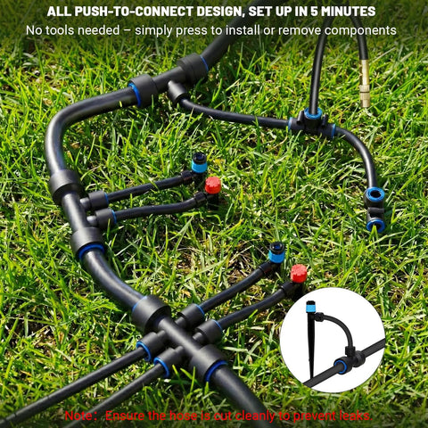 Close-up of 100Ft Drip Irrigation Kit With 3 Adjustable Emitters for Mist, Stream and Vortex Watering in grass, quick-connect tubing