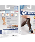 Womens Knee High Compression Stockings 15 To 20 Mmhg Sheer Nude Nylons 20 Denier Open Toe Support Hose packaging with size and benefits