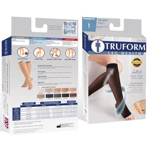 Womens Knee High Compression Stockings 15 To 20 Mmhg Sheer Nude Nylons 20 Denier Open Toe Support Hose packaging with size and benefits