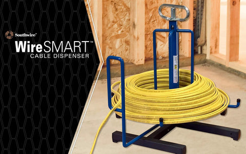 Wire Smart Cable Dispenser Floor Or Stud Mount 3 In 1 Pro Grade Utility displayed with yellow cable on workbench.