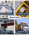 Heavy Duty Three Sixteenth Inch Stainless Steel Wire Rope Kit used for multiple applications like railing, winching, rigging, cargo.