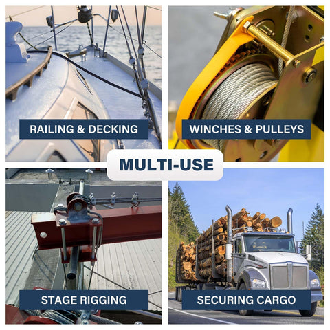 Heavy Duty Three Sixteenth Inch Stainless Steel Wire Rope Kit used for multiple applications like railing, winching, rigging, cargo.