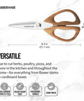 All Purpose Kitchen Shears With Faux Wood Grain Handles And Ultra Sharp Stainless Steel Blades For Meat And Herbs And More Your Go To Multipurpose Scissors For Everyday Kitchen Tasks, top view showing dimensions and features, ergonomic design, 8.3 inches length.