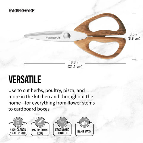 All Purpose Kitchen Shears With Faux Wood Grain Handles And Ultra Sharp Stainless Steel Blades For Meat And Herbs And More Your Go To Multipurpose Scissors For Everyday Kitchen Tasks, top view showing dimensions and features, ergonomic design, 8.3 inches length.