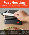 Hand pressing down on Compact Panini Press and Contact Grill with Floating Top Plate to make juicy sandwiches quickly.