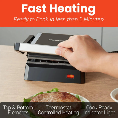 Hand pressing down on Compact Panini Press and Contact Grill with Floating Top Plate to make juicy sandwiches quickly.