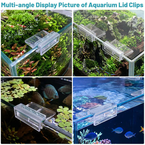 Multi-angle display of 12 Pack Clear Aquarium Lid Clips For Rimless Fish Tanks Hold Your Glass Cover Snug And Square on aquarium tanks.