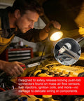 Mechanic using a 7 Piece Electrical Disconnect Pliers Set With Terminal Pin Removal Tool Kit on car engine under hood light