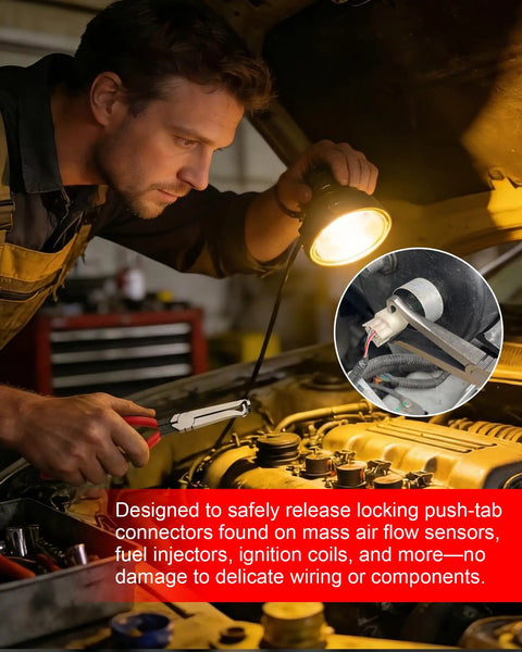 Mechanic using a 7 Piece Electrical Disconnect Pliers Set With Terminal Pin Removal Tool Kit on car engine under hood light