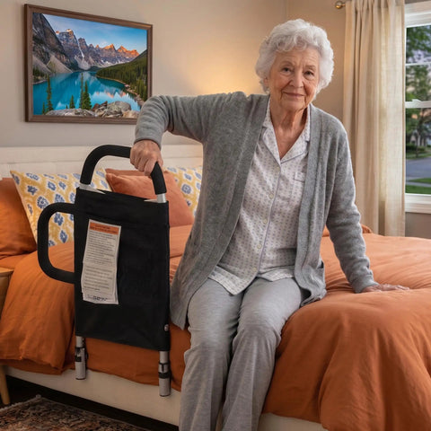 Senior using Dual Handle Bed Rail for Seniors With Padded Grips, Storage Pocket, and 300 Lbs Capacity, Black