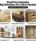 Various wooden furniture with labels for loose bed frame, wobbly table and chairs, loose drawers, and bookcase stability solutions.