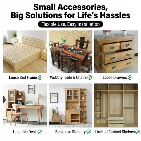Various wooden furniture with labels for loose bed frame, wobbly table and chairs, loose drawers, and bookcase stability solutions.