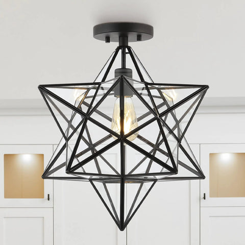 Black 14.5 Inch Moravian Star Ceiling Light 1 Light Semi Flush Mount Iron And Glass Farmhouse Boho Lantern For Hallway And Bedroom UL Listed LED Bulb Included