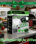Shop Grade 18 Piece No Mess Coolant Funnel Kit With Universal Adapters on a workbench with tools and festive decor.