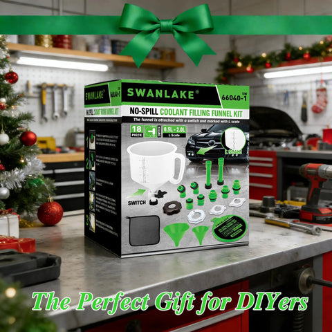 Shop Grade 18 Piece No Mess Coolant Funnel Kit With Universal Adapters on a workbench with tools and festive decor.