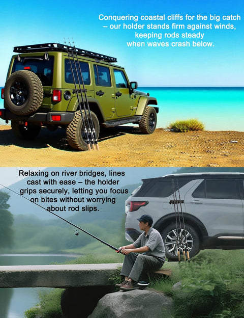 Top: Jeep with Magnetic Fishing Rod Holder Set For Garage And Truck Surfaces Portable Dual Pack. Bottom: SUV with installed rod holder.