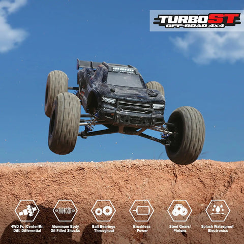 Fast Off Road RC Car 1/12 Scale 4WD Brushless Truck airborne, showcasing rugged design and independent ESC on rough terrain.