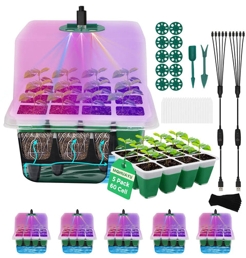 Self Watering Seed Starter Tray With Grow Light 60-Cell 5-Pack Reusable Seedling Trays Silicone Humidity Dome for indoor gardening