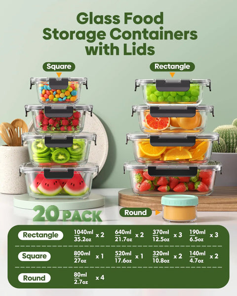 20 pack of 40 Piece Borosilicate Glass Food Storage Set With Lids, Leak Proof And BPA Free, showcasing rectangular and round containers.