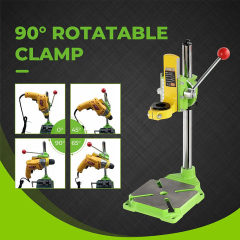 Upgrade Floor Drill Press Stand With 90 Degree Rotating Frame for hand drills shown with various angle settings.