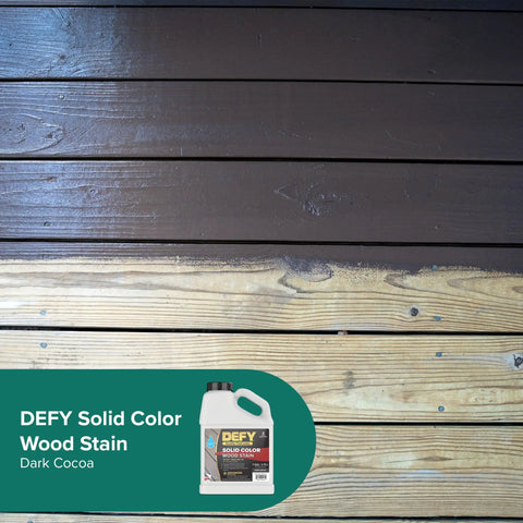 Solid Color Wood Stain For Decks And Fences UV Resistant Opaque Finish That Hides Imperfections Long Lasting Exterior Paint With Zinc Nano UV Protection 1 Gallon in Dark Cocoa shown on wood boards