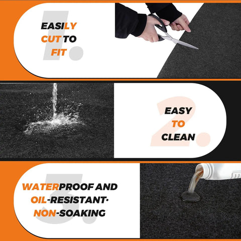 Extra Large Garage Oil Spill Mat 36 By 60 Inches Drip Absorption Mat showing easy cutting, cleaning, waterproof and oil-resistant features.