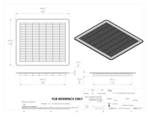 Technical drawing of a 12x14 Inch Heavy Gauge Steel Floor Return Air Grille in brown showing dimensions and bar layout.