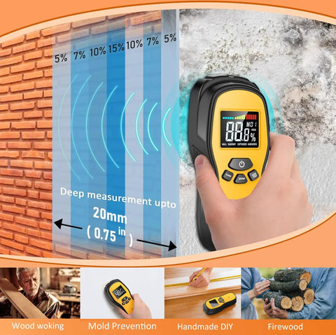 Hand using Pinless Wood Moisture Meter With LCD Display Digital Moisture Detector on brick wall with measurement graphics