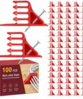 100 Pack Red Plastic Cable Stacker Clips With Nail For Secure Electrical Wire Organization, showing clips and box.
