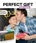 Father and son with gift boxes, labeled as perfect gift for kids, father kissing son on cheek, crown drawn on son's head.