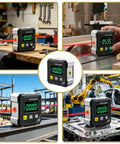 Dead On Digital Angle Finder Inclinometer with green display in workshop and job site for precision measuring tasks.