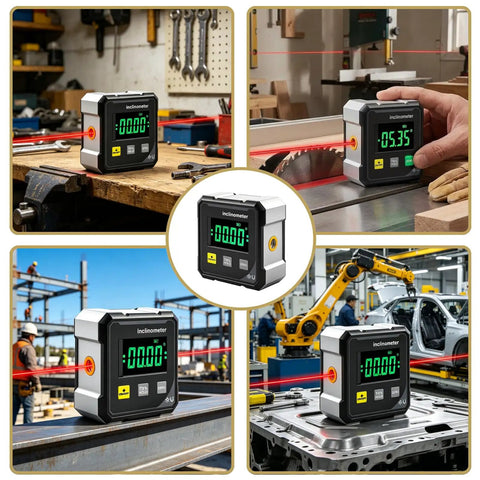 Dead On Digital Angle Finder Inclinometer with green display in workshop and job site for precision measuring tasks.