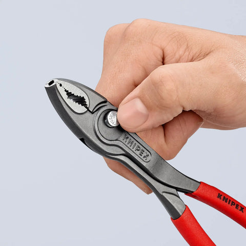 Hand holding TwinGrip 8 Inch Pliers with front and side gripping jaws, designed for stripped screws and diverse fasteners