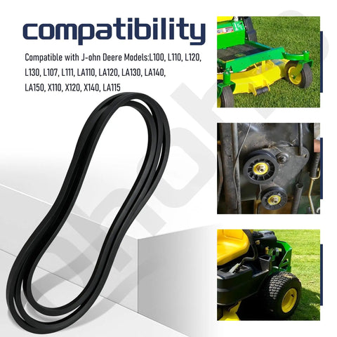 Beefed Up V Idler And Flat Pulley Drive Belt Kit For John Deere Lawn Tractors with compatibility list and mower images