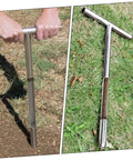 Stainless Steel Soil Sampler Probe With Ergonomic T Handle for hay core sampling, showing usage and soil inside the tube.
