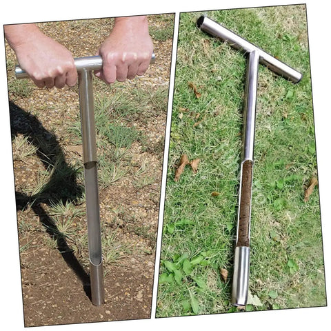 Stainless Steel Soil Sampler Probe With Ergonomic T Handle for hay core sampling, showing usage and soil inside the tube.