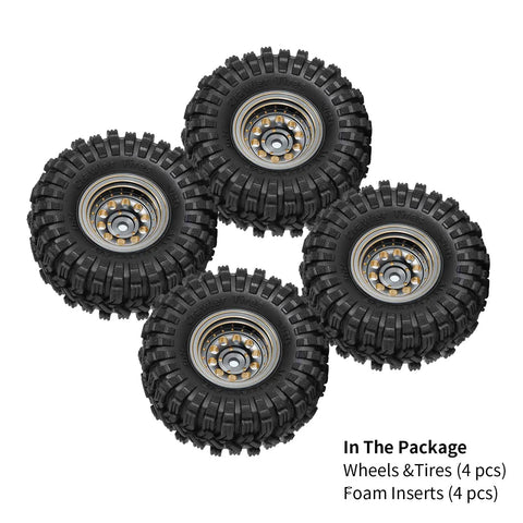 Beefed-Up Beadlock Wheel And Tire Set For Axial SCX24 AX24 TRX4M FCX24 1.0 Inch Brass CNC Machined With -2.65mm Offset, shown in packaging.