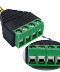 No Sweat Setup 3.5mm TRRS Audio Male To Four Pin Female Screw Terminal Solderless Converter Adapter showing green terminal connections.