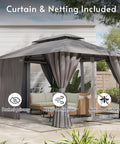 10x13 Outdoor Gazebo With Mosquito Netting And Privacy Screens, double roof design on patio in backyard setting