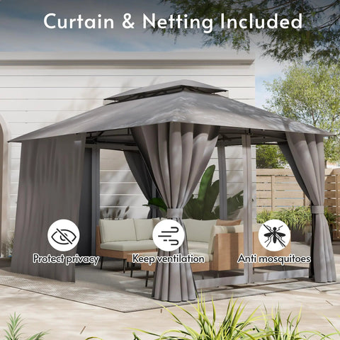 10x13 Outdoor Gazebo With Mosquito Netting And Privacy Screens, double roof design on patio in backyard setting
