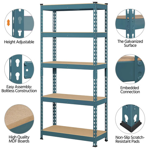 Totally Legit Five Tier Metal Storage Shelving Rack With Adjustable Levels And Slick Modular Design, Spacious 27.5X12X60 Inch Neptune Blue Organizer Kicks Clutter To The Curb For Home Or Garage