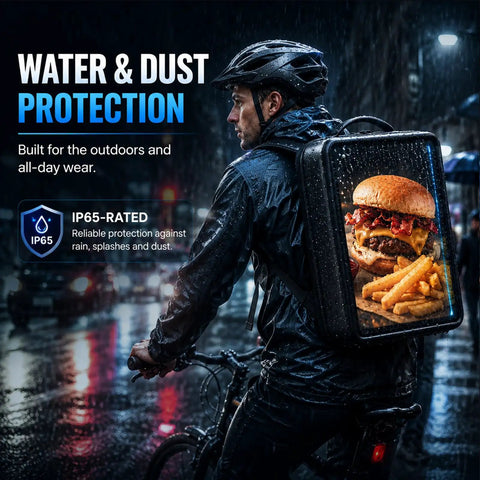 Portable Moving Billboard Backpack For Street Ads And Mobile Promotions Ultra Bright Hella Daylight Visible Lcd Screen Android Powered Gear For Small Business Hustlers on a cyclist in the rain.