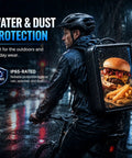 Street Smart Digital Ad Backpack Featuring 21.5 Inch High Def Lcd Screen And Rock Solid Wifi Plus Hdmi For Mobile Campaigns That Crush Every Neighborhood Block Or Local Cafe Hustle carried by a cyclist in the rain.
