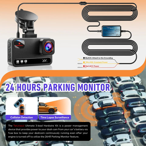 Dash Cam Hardwire Kit With Voltage Indicator 9.8 Ft Power Harness Red ACC Power Yellow Constant Power Black Ground Multi Size Connectors