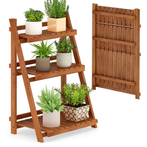 3 tier wooden plant stand indoor Foldable 3 Tier Ladder Plant Stand Solid Wood ✓