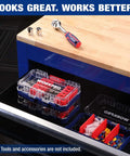 Three Piece Small Parts Organizer Set With Portable Stackable Hardware Storage Case Removable Dividers And Clear Lid in tool drawer.